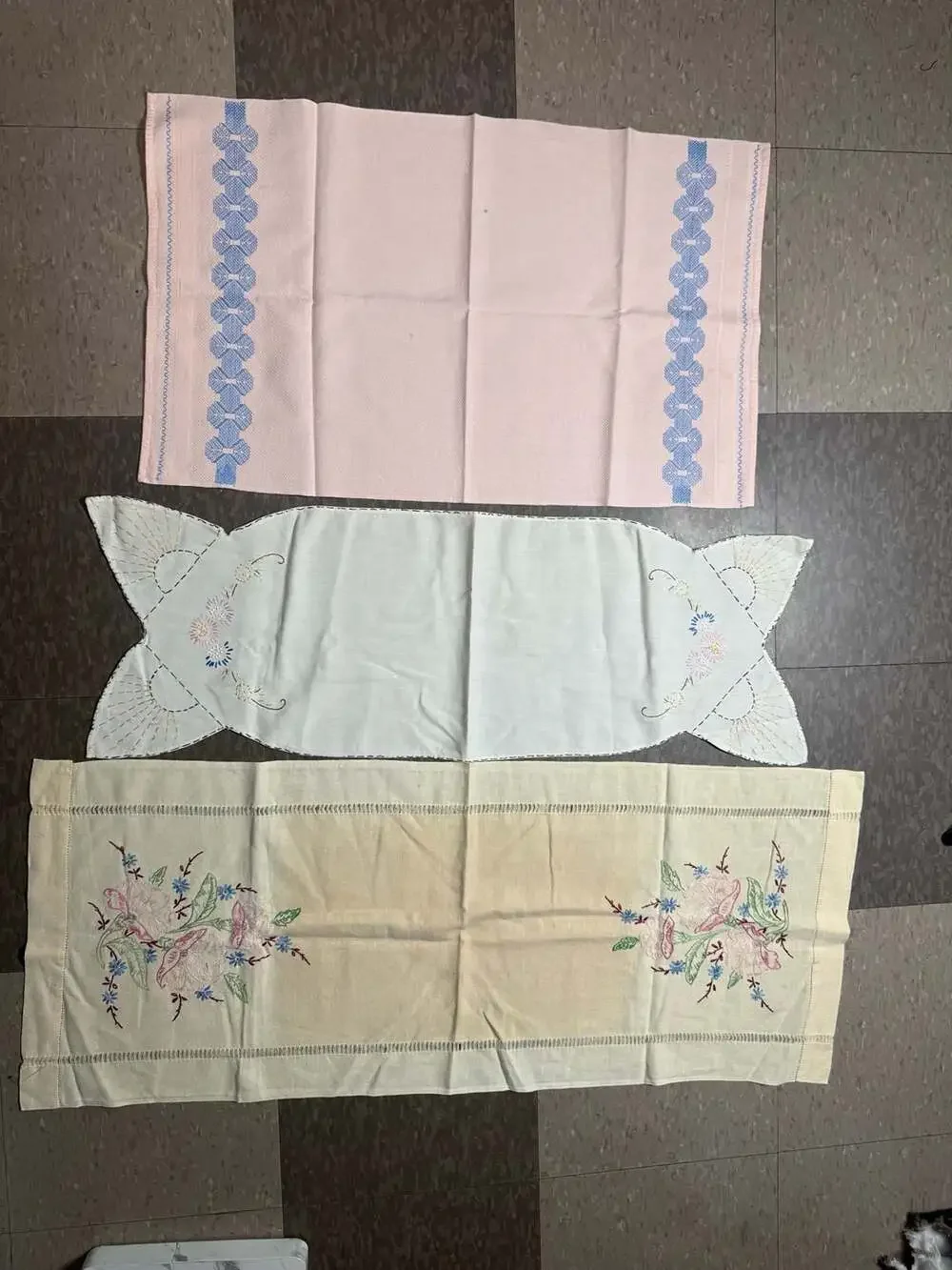 Vintage Hand Embroidered Linens and Huck Weave Towels - Set of 3
